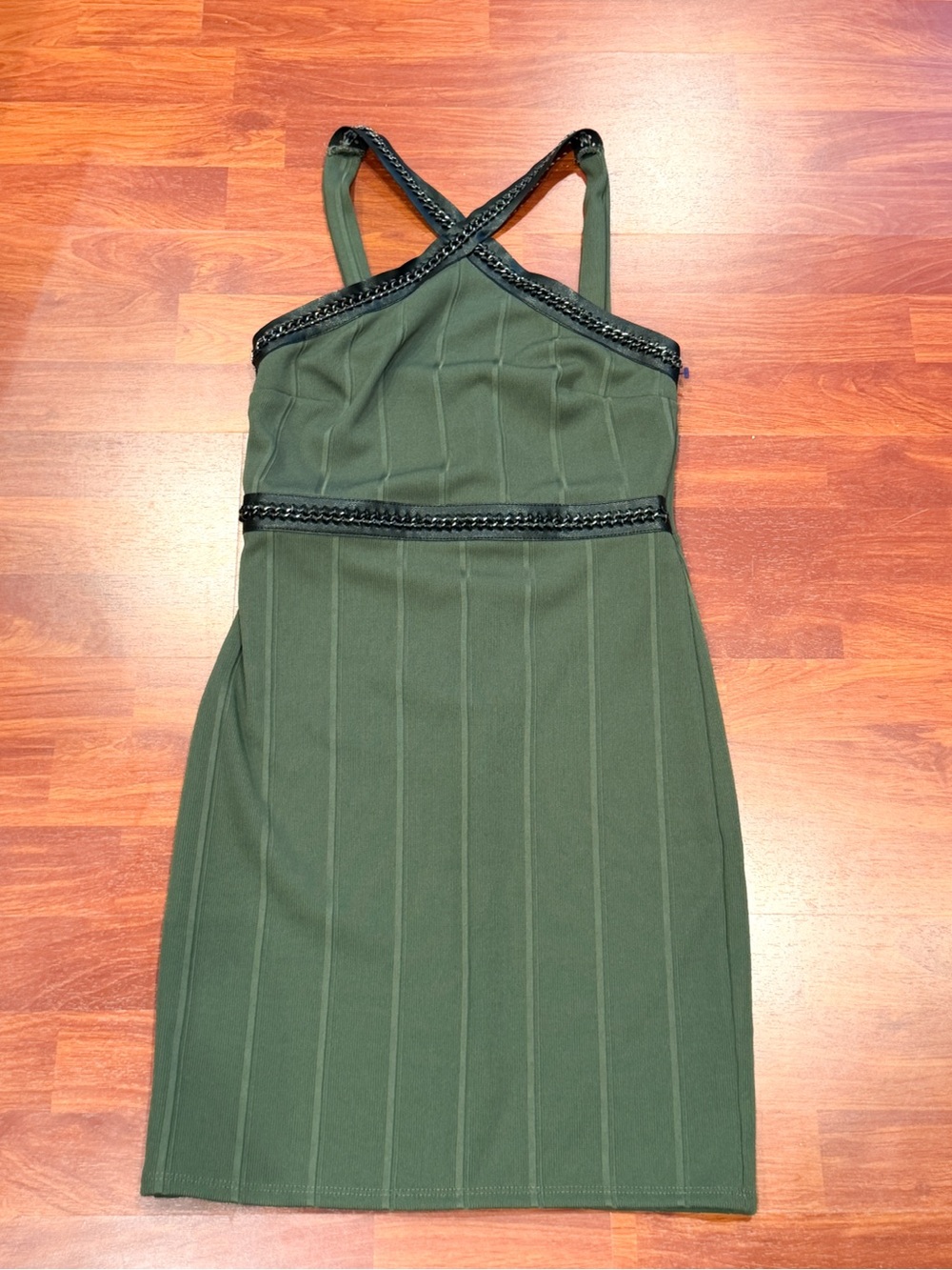 Topshop Olive Green Cross-Back Knit Dress Sz 6 Ribbed Faux Leather